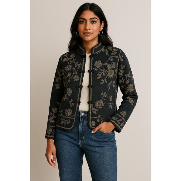 Talbots Size M Black and Gold 100% Merino Wool Cardigan Mandarin Collar Sweater - Picture 9 of 9